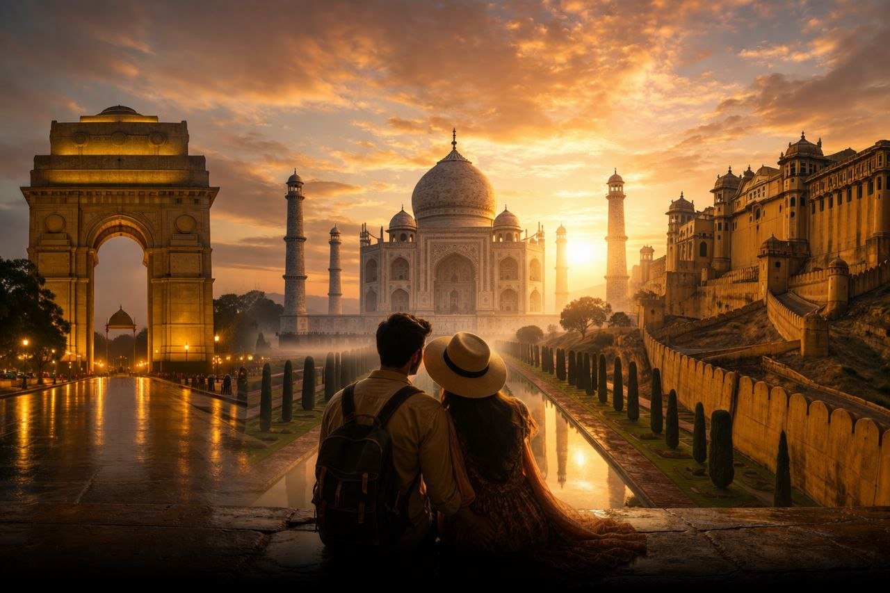 Royal Golden Triangle Tour India – Taj Mahal, Amber Fort Jaipur, India Gate Delhi sunset view